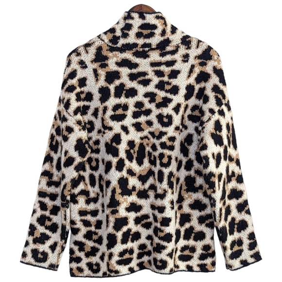 DKNY Leopard Print Funnel Neck Hi-Low Cozy Oversized Mob Wife Sweater Size L - Picture 2 of 11